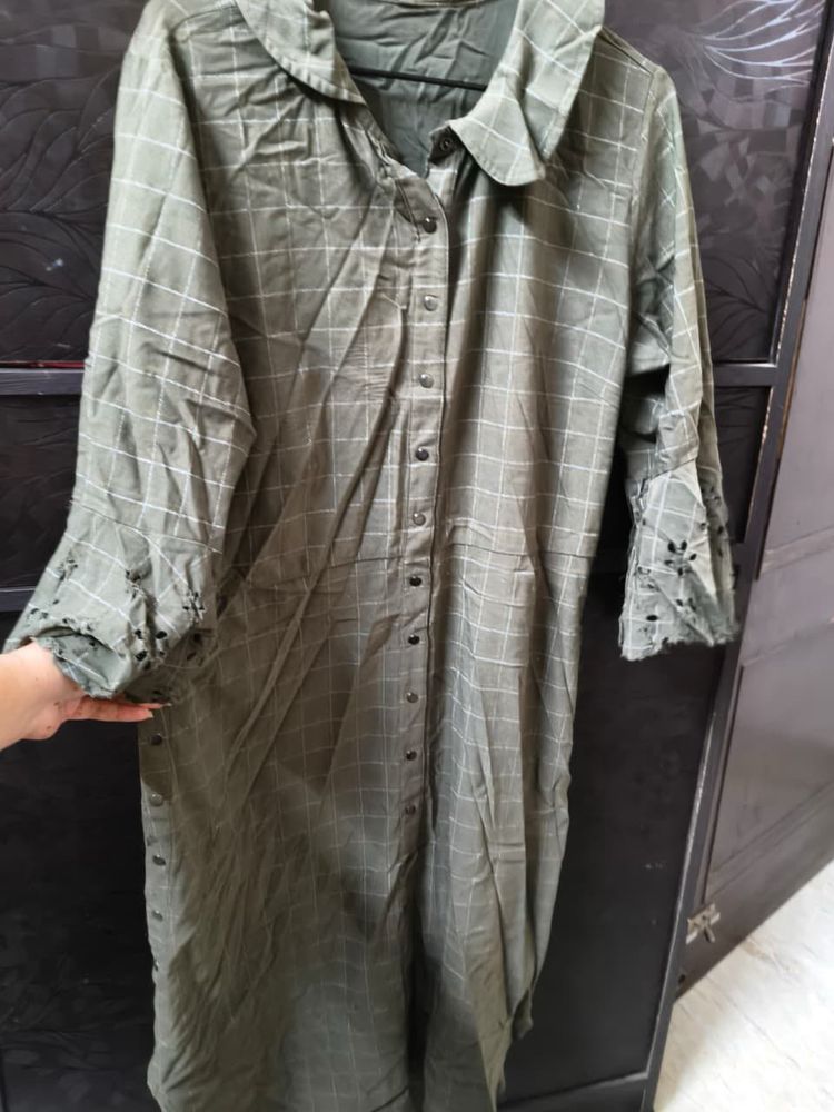 Green Plaid Shirt Dress