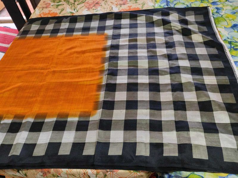 Checkered Saree With Orange Accent