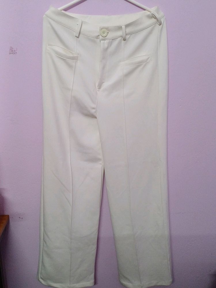 High Waisted Straight Cut White Trousers