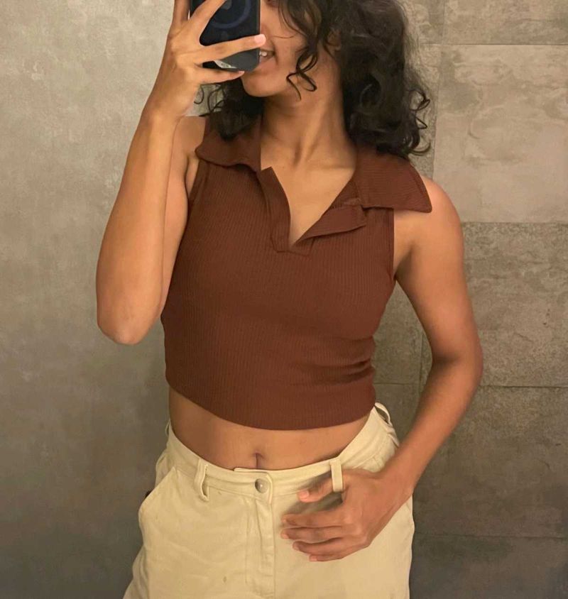 Brown Ribbed Polo Tank Top