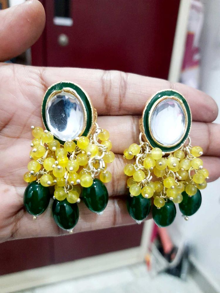 Yellow N Green Kundan Earrings