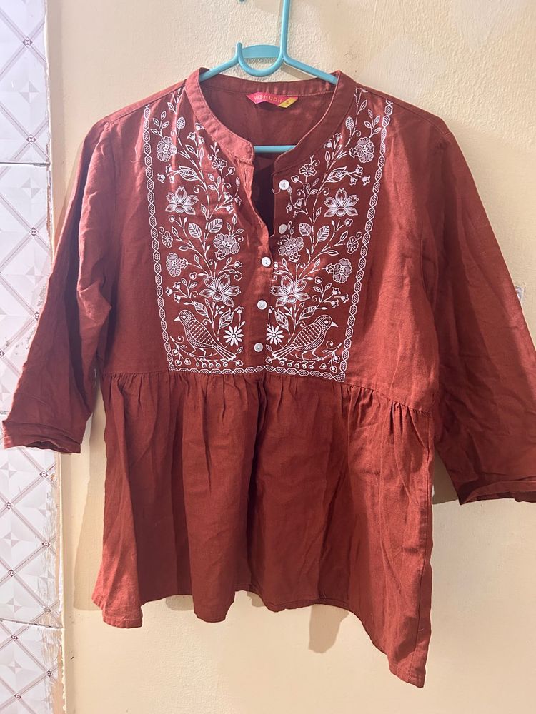 Embroidered Brown Tunic Top