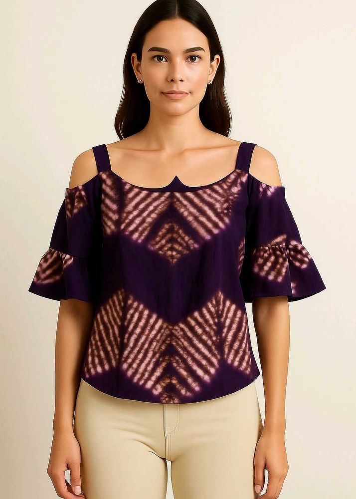 Purple Tie-Dye Off-Shoulder Cotton Top with Back