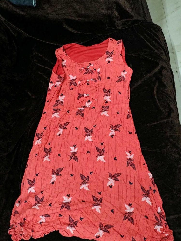 Coral Leaf Print Sleeveless Dress