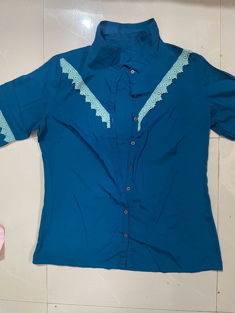 Teal Lace Trim Blouse