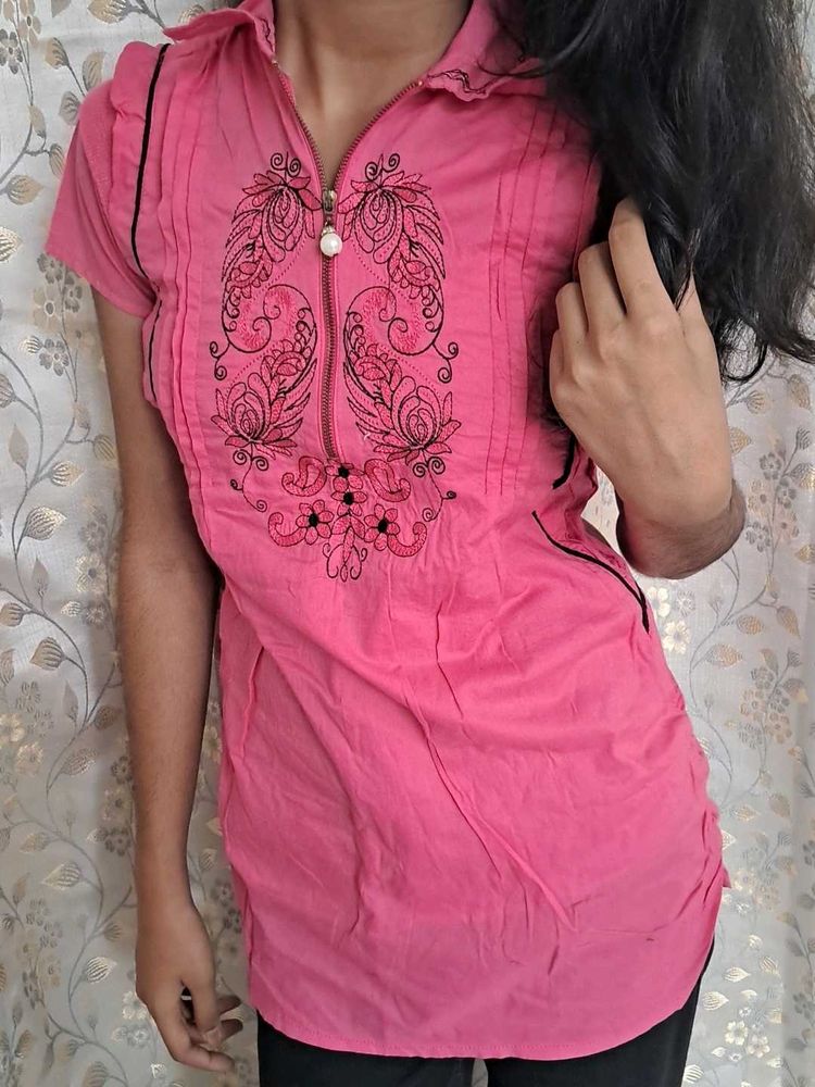 Embroidery Women&#39;s Pink SHirt Top (Pure Cotton)