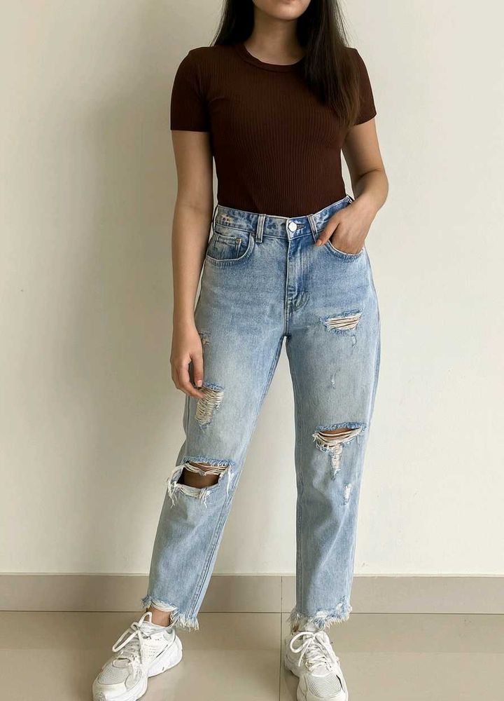 Ripped Light Wash Mom Jeans