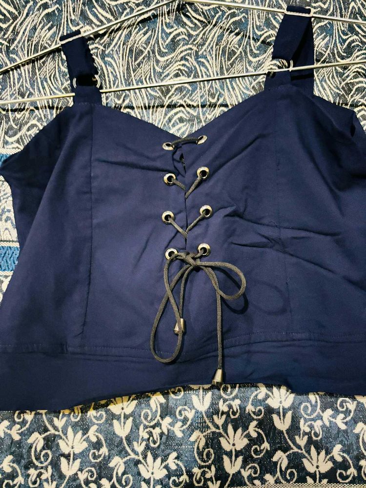 Navy Lace-Up Crop Top With Pant Co-ord Set