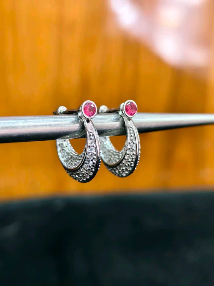 Ruby and Diamond Hoop Earrings 925 Sterling Silver