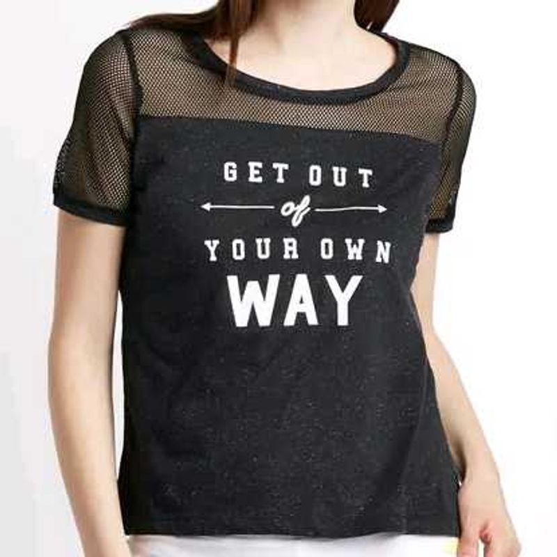 Typography Print Top With Mesh Detail