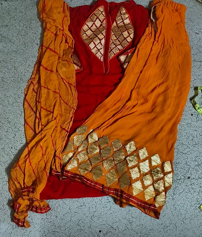 Georgette Red And Orange Plazo Suit
