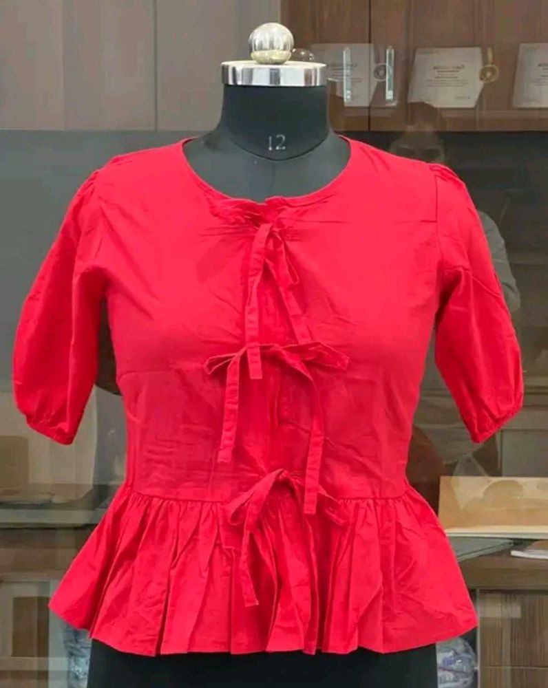 Red Peplum Tie-Front Top