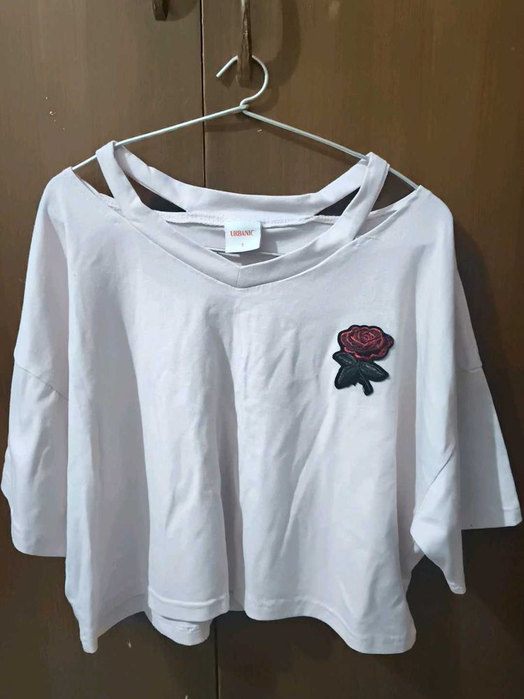 White Crop Top with Rose Patch