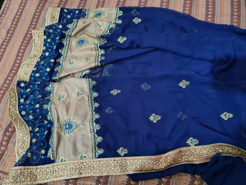 Blue Embroidered Saree with ready blouse