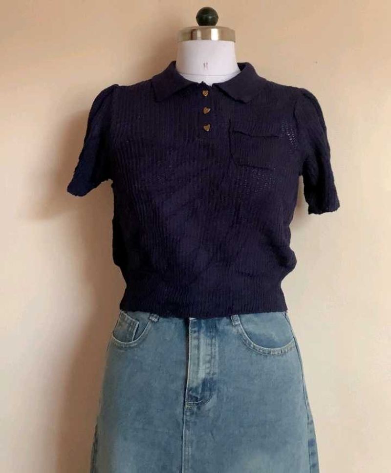 Cute Navy Knit Polo Top