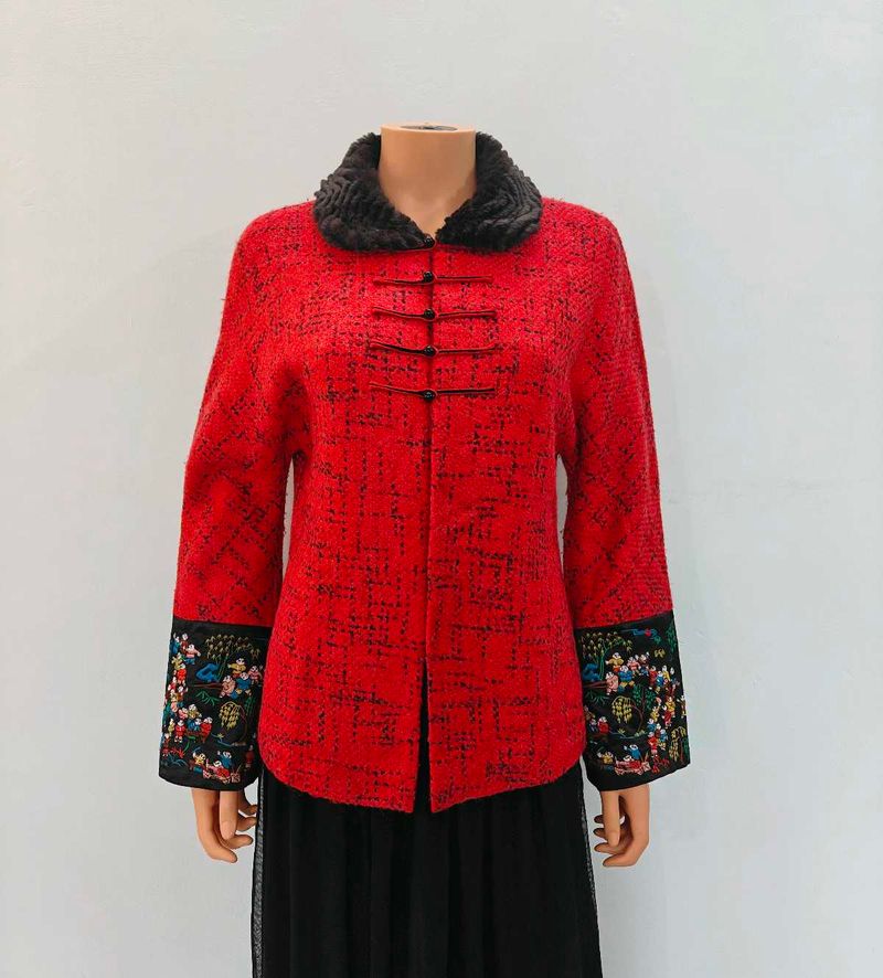 Red Embroidered Faux Fur Collar Jacket