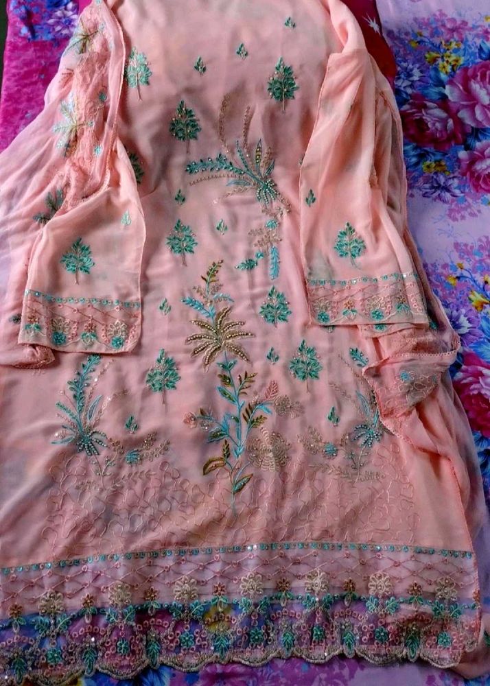 New Peachish Pink Heavy Embroidered Kurta Set