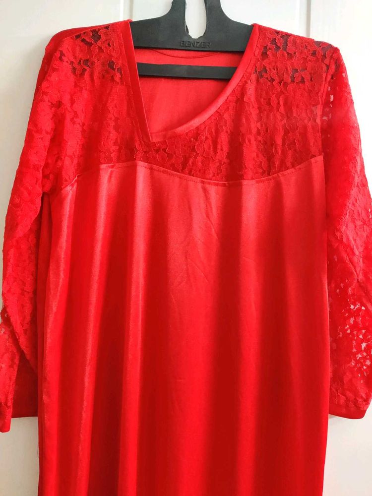 Satin Nightwear Red Colour Dress
