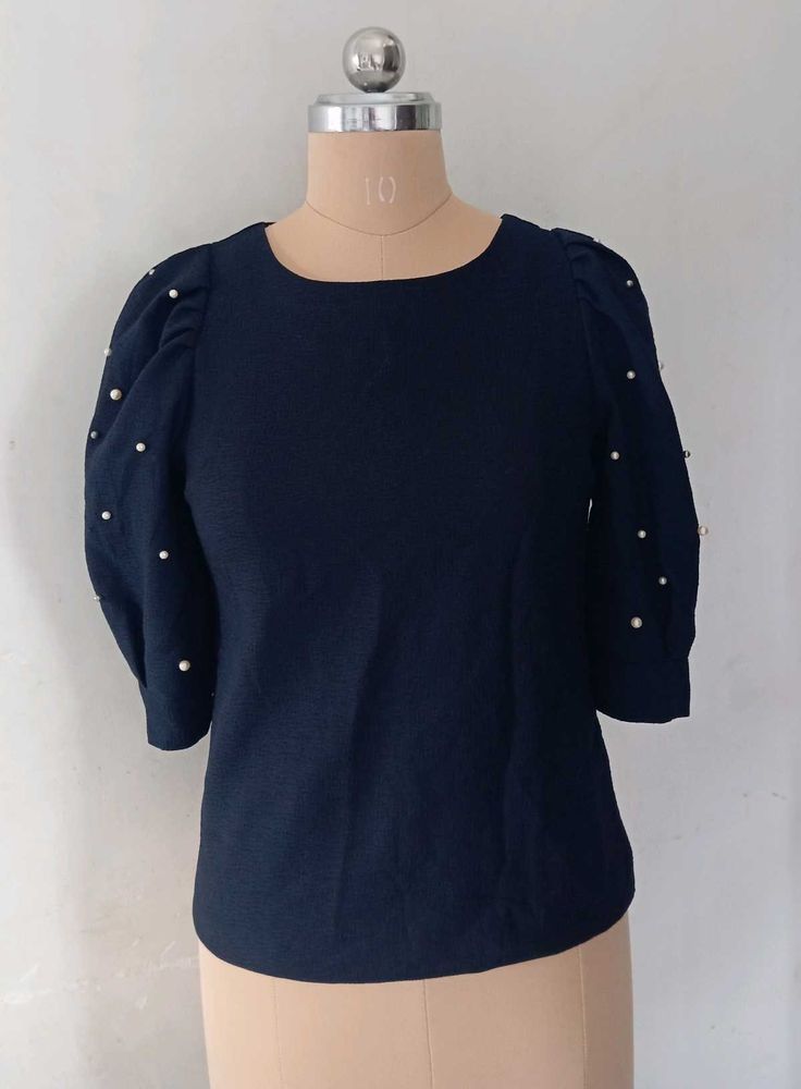 Navy Puff Sleeve Top with Pearl Detail