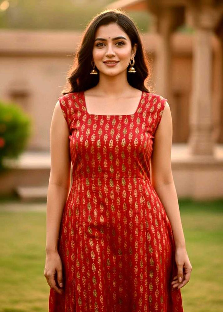 Elegant Red Gold Print Sleeveless Ethnic Dress