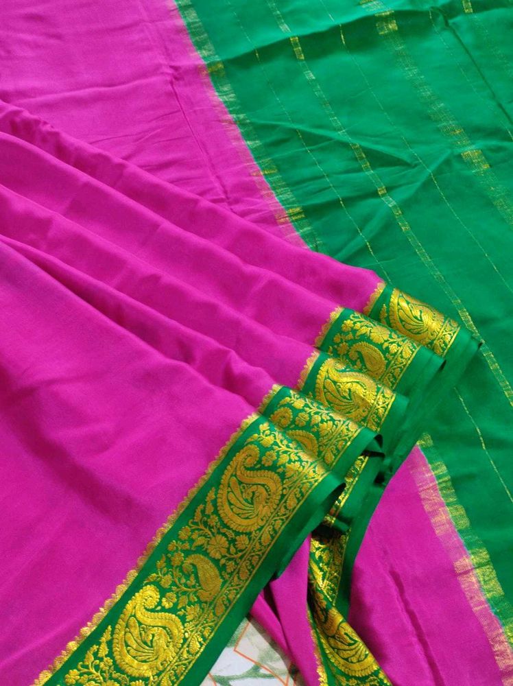 Pink &amp; Green Pure Crepe Silk Saree