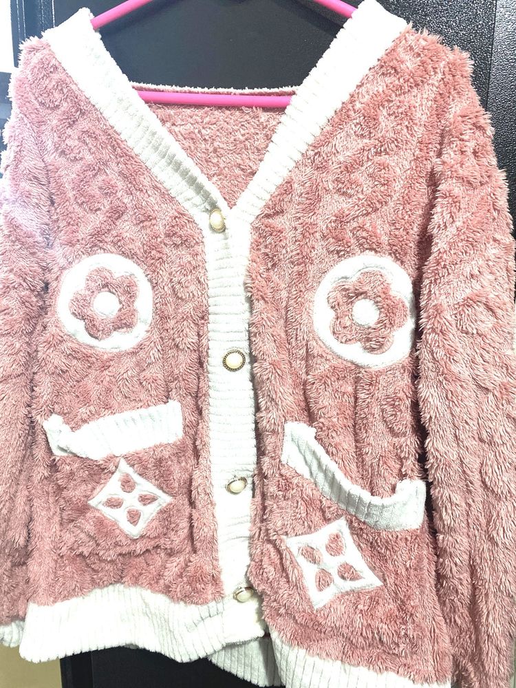 Pink Fuzzy Flower Cardigan