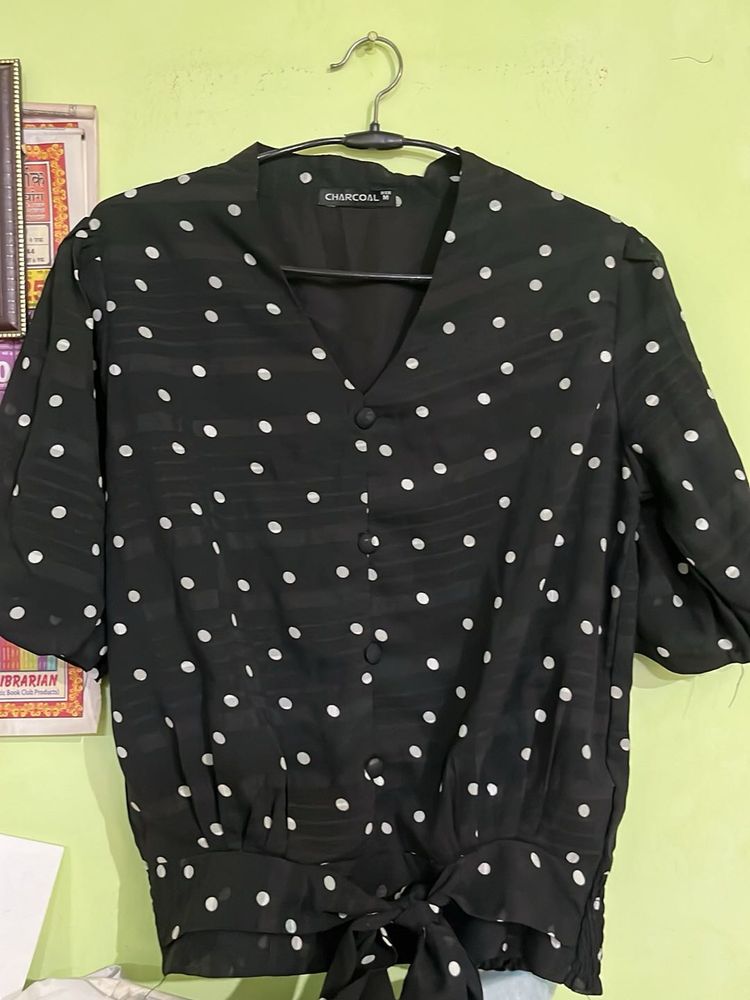 Charcoal Polka Dot Tie-Front Blouse