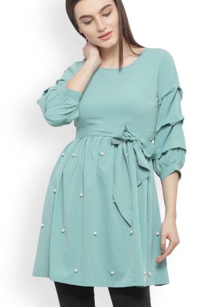 Cute Aqua Pearl Embellished Dress
