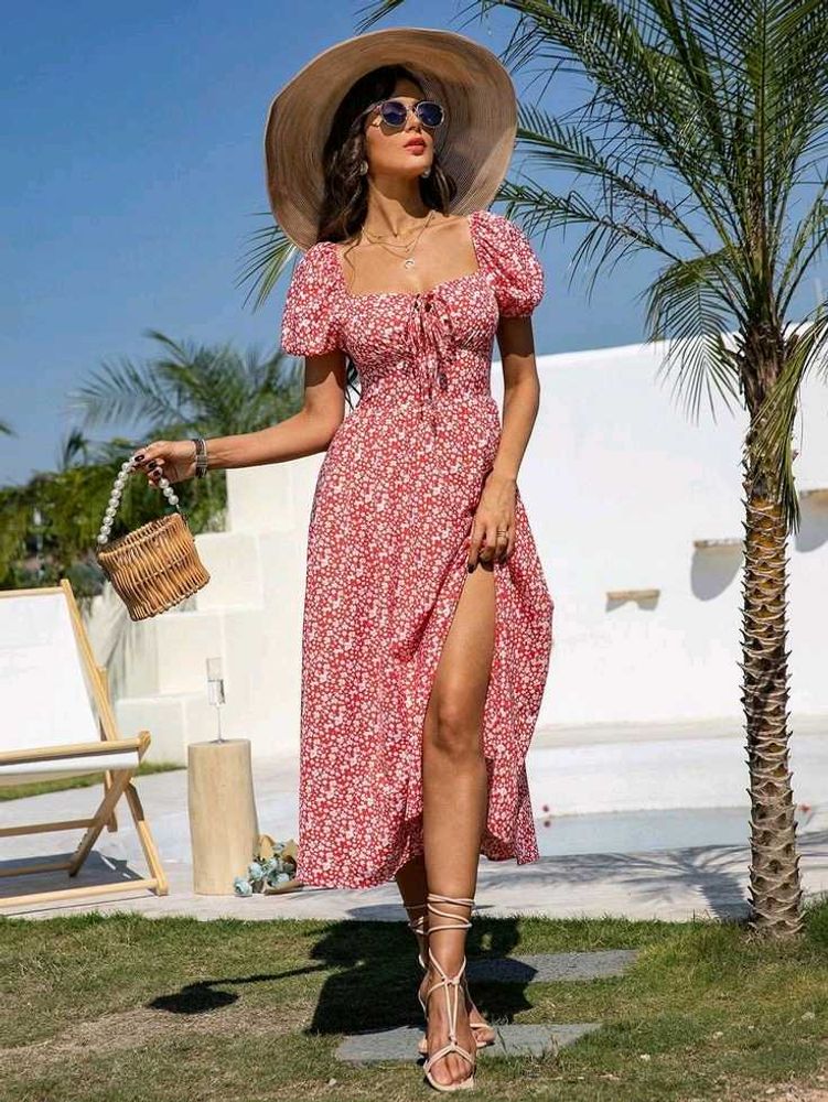 Summer New Floral Side Slit Puff Sleeve Dress