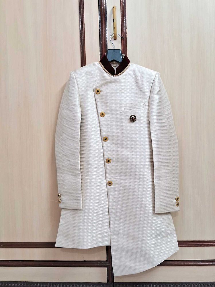 Cream Textured Sherwani with Velvet Collar