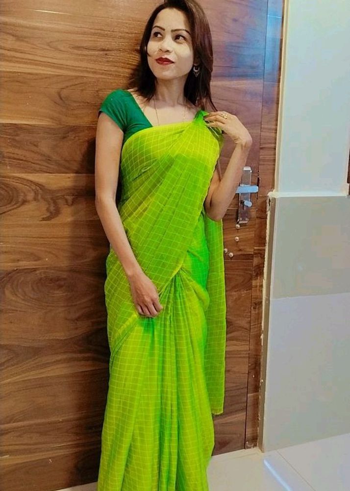 Lime Green Checkered Saree