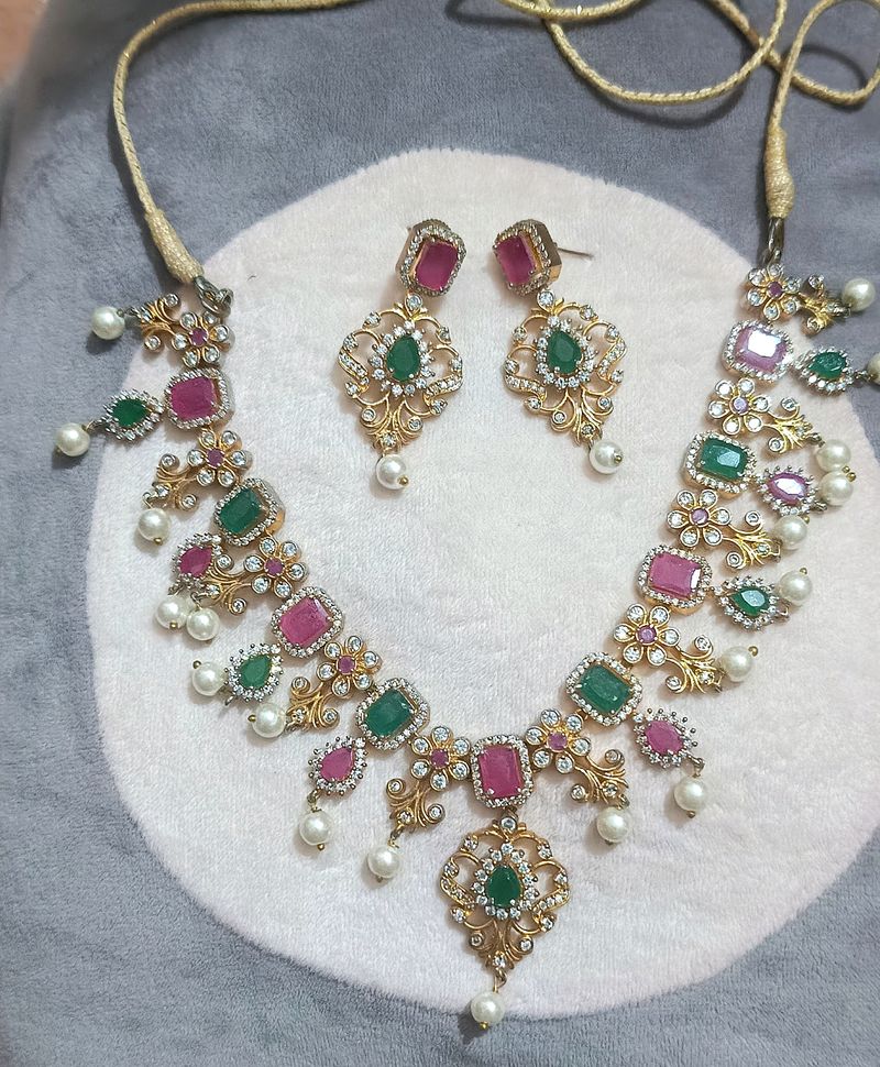 Premium Ad Stone Necklace Set With Earings