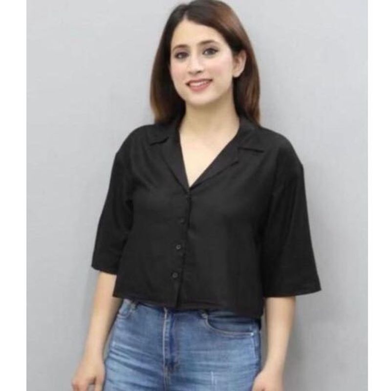 Cropped Black Button-Down Top