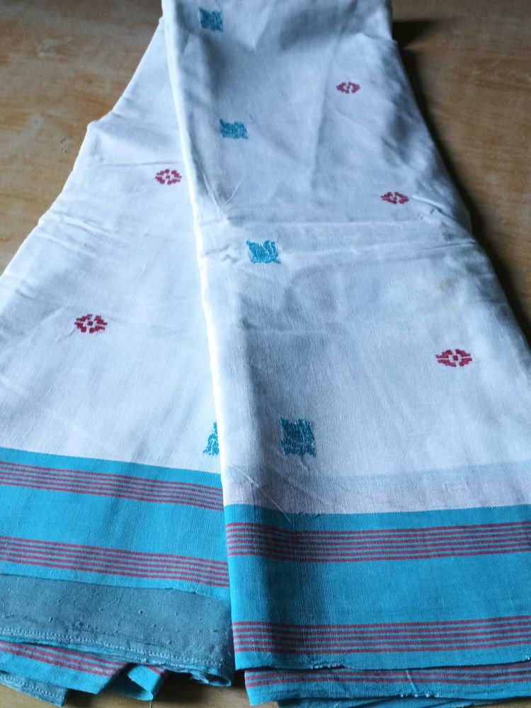 White Cotton Saree with Blue Border