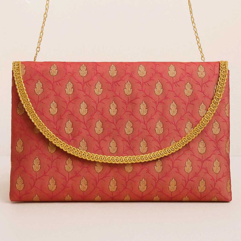 Elegant Rust Brocade Clutch with Golden Chain