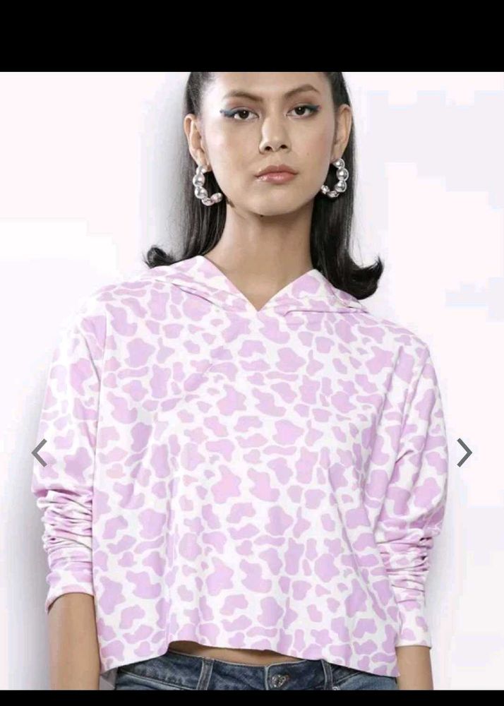 Lilac Cow Print Cropped Hoodie