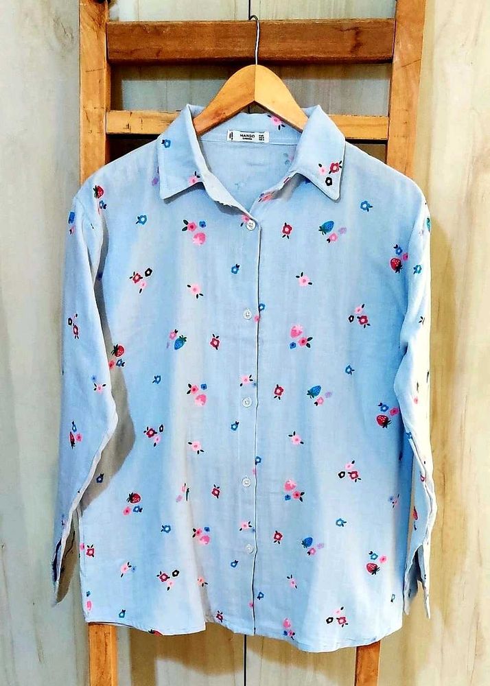 Floral Print Sky Blue Cotton Shirt Size-42