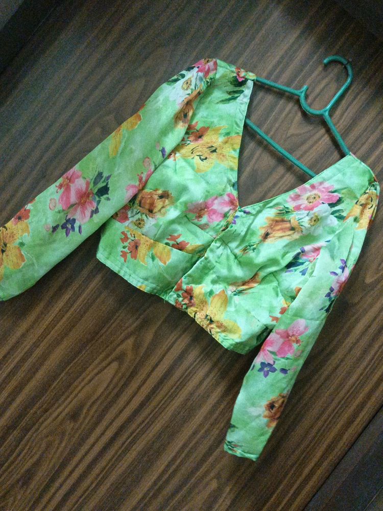 Neon Green Floral Blouse