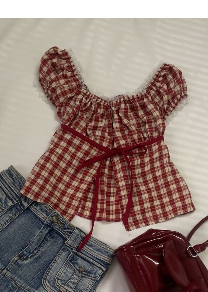Red Plaid Ruffle Top