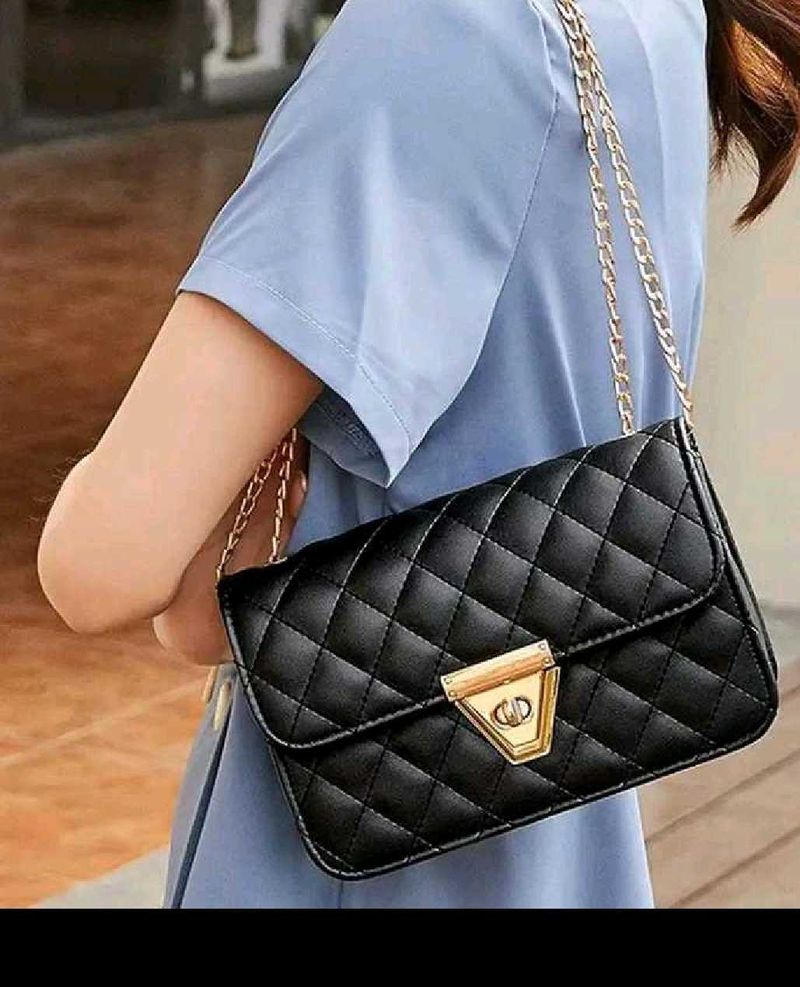 Elegant Black Sling Bag With Gold Chain