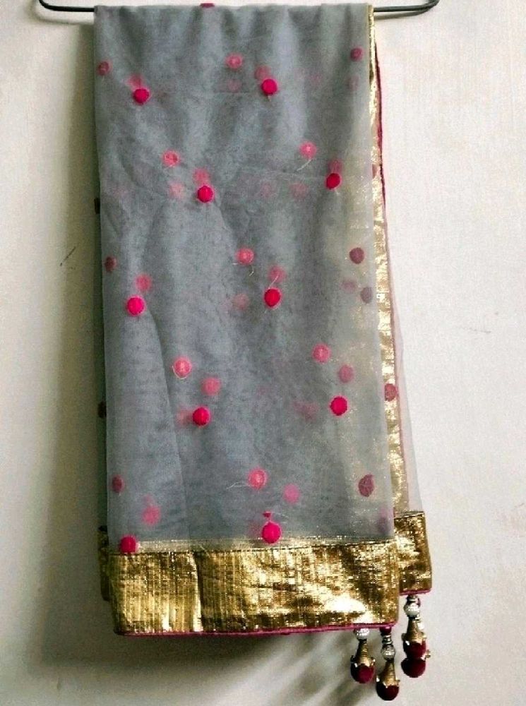 Gray &amp; Pink Embroidered Dupatta