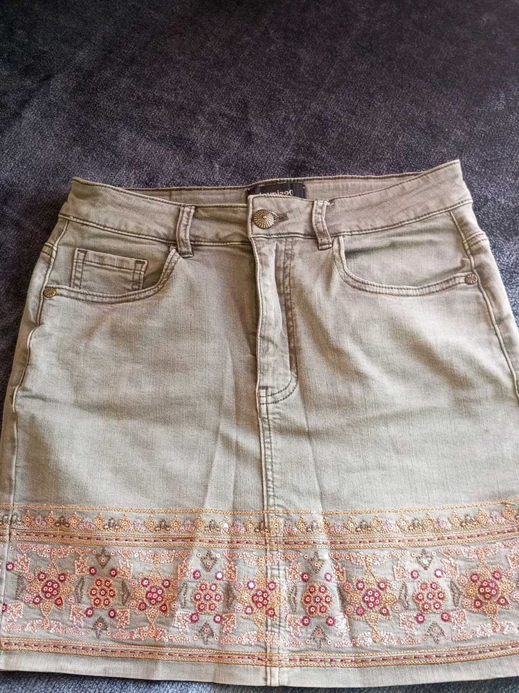 Olive Green Embroidered Denim Skirt