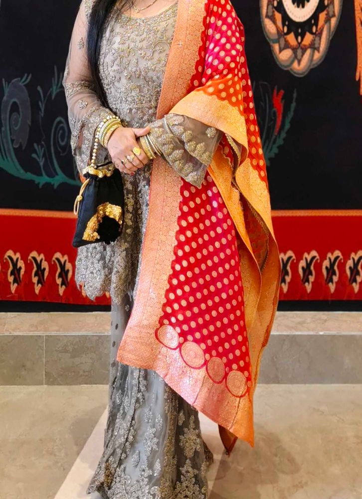 Elegant Grey &amp; Red Indian Outfit