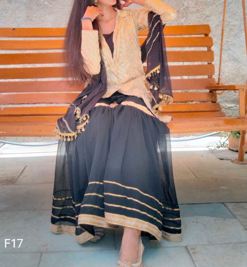 Stylish Gold Black Gharara With Jacket