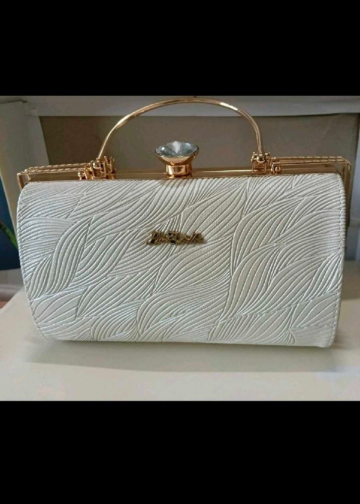Elegant White Embossed Clutch with Gold Frame