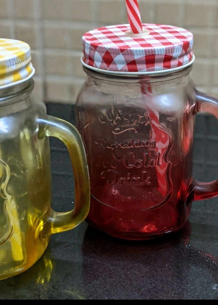 Set of 2 Mason Jar Glass Cups with Straws &amp; Lids