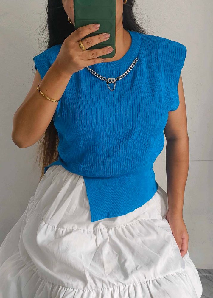 Blue Ribbed Knit Top