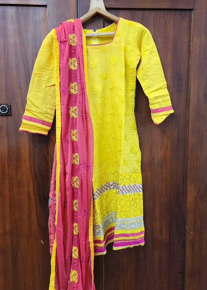 Yellow Kurti with Pink Dupatta