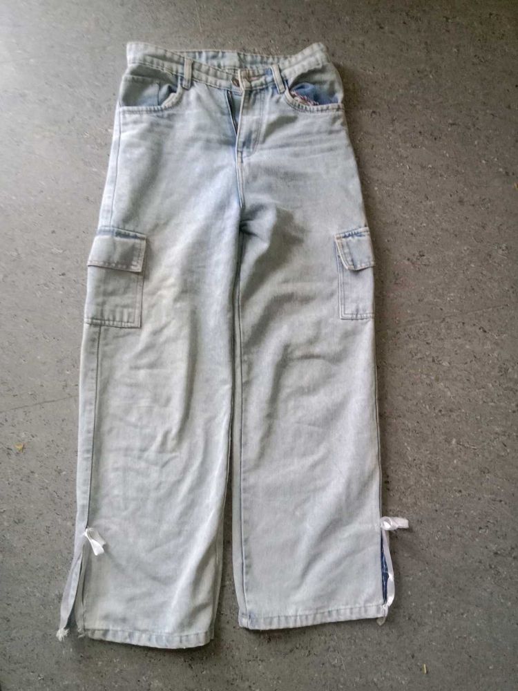 Wide Leg Cargo Jeans With Bow Detailing