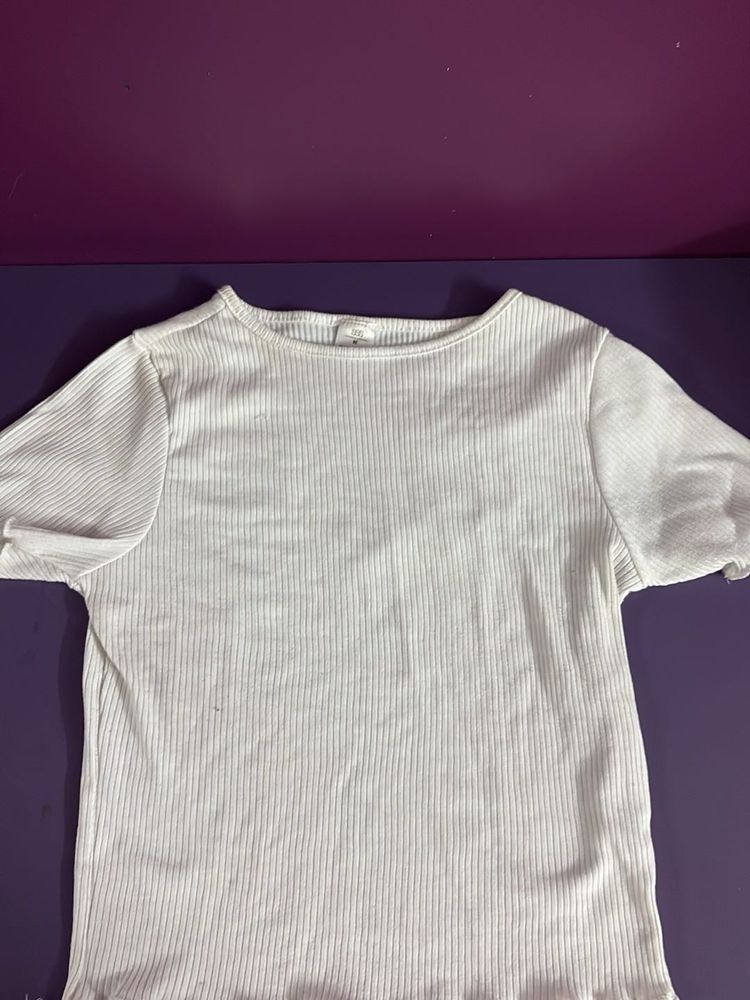 Casual White Ribbed Short Sleeve Top